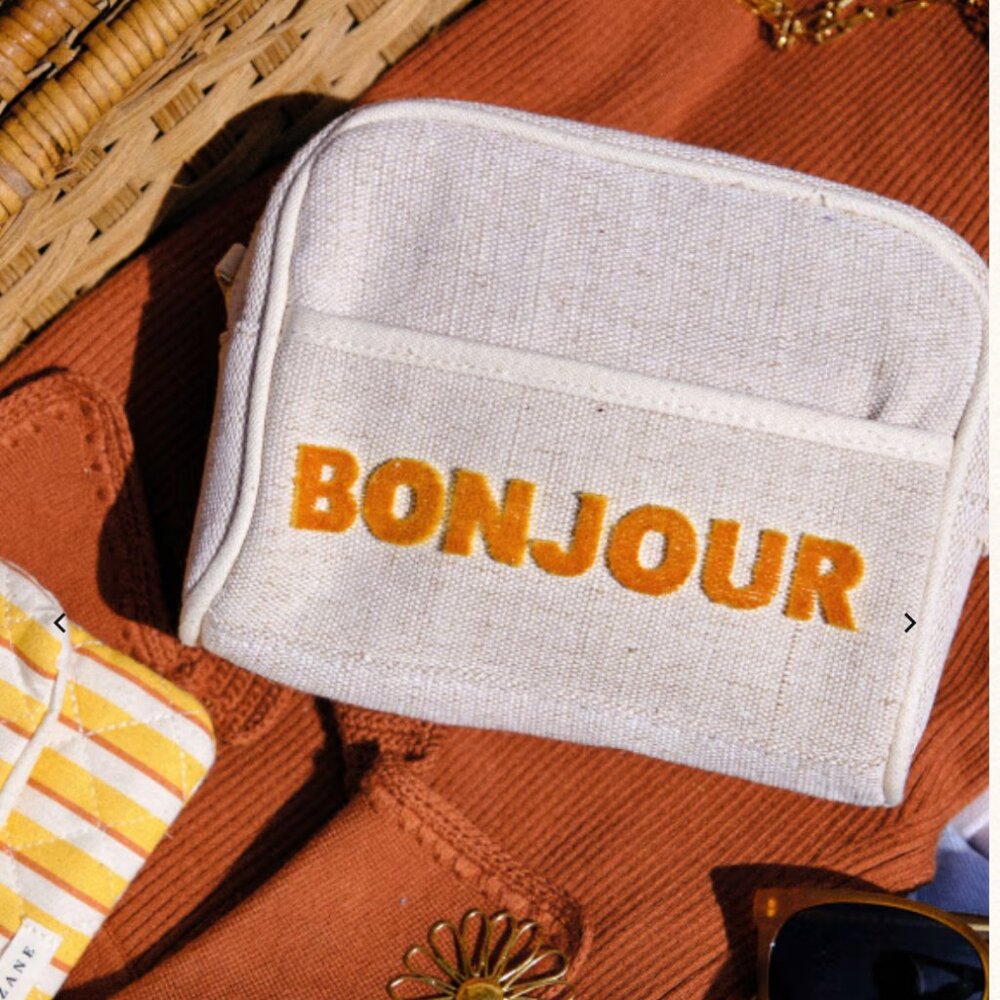 NWOT Sezane Beauty Pouch in Ochre/BONJOUR